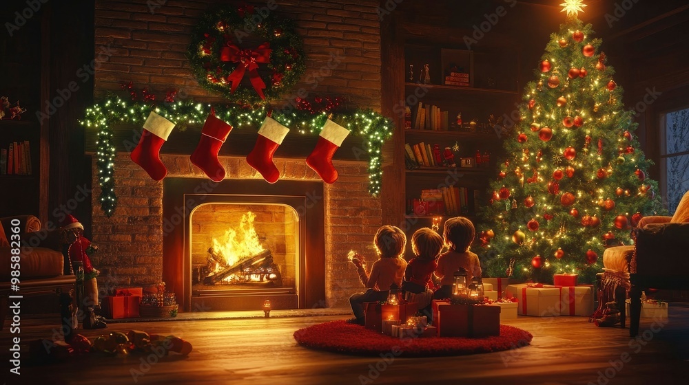 Family singing carols by a fireplace with red stockings and green garlands, a glowing Christmas tree nearby. Family singing carols by a fireplace with red stockings and green garlands, a glowing Christmas tree nearby.