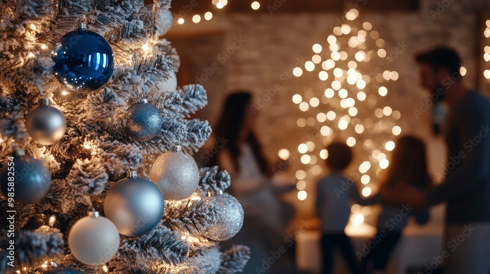 Fototapeta premium Family singing Christmas carols beside a silver tree with blue and white ornaments, candles flickering around.