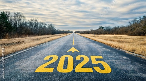 A long, empty asphalt road leads into the distance, with the yellow numbers "2025" written on it and an arrow pointing forward 