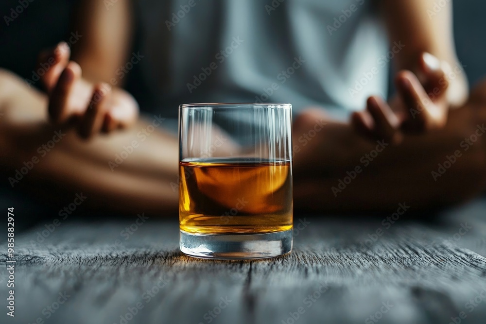 A person meditating with a glass of alcohol in front of them, showing the struggle to find inner peace amidst addiction A person meditating with a glass of alcohol in front of them, showing the struggle to find inner peace amidst addiction