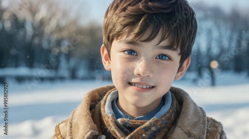 雪の中で微笑む男の子/Smiling boy in the snow 