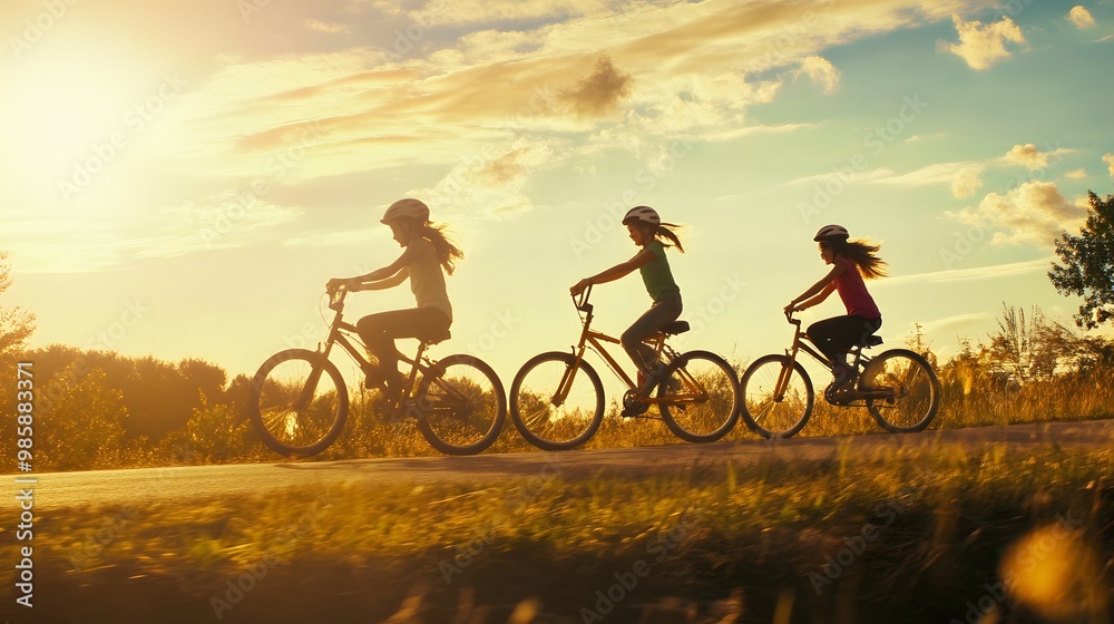 Three girls ride bikes in single file at sunset. Three girls ride bikes in single file at sunset.