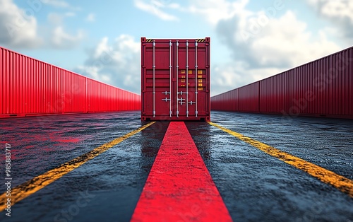 Cargo containers held up by red tape, bureaucratic trade obstacle, international shipping delay