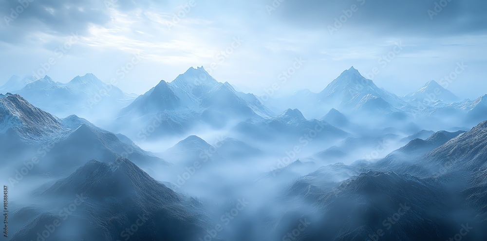 Misty mountains with a blue sky and clouds above. Misty mountains with a blue sky and clouds above.