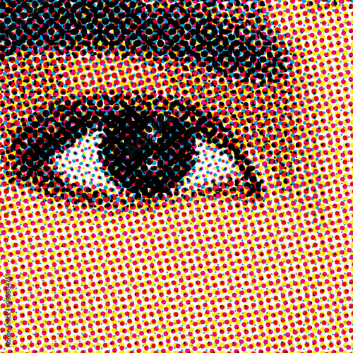 Image en gros plan d’une œil de femme avec un effet pointillisme pour un rendu d’impression papier.
