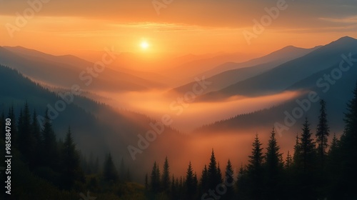 Sunrise and sunset over misty mountains with a wintery forest and vibrant sky