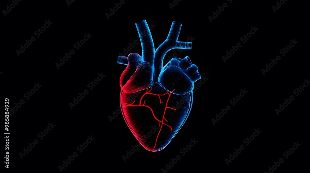 A stylized image of a heart, glowing red and blue on a black background.