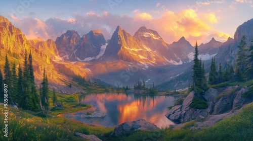 Serene Mountain Lake at Sunrise: A captivating panorama of majestic mountains bathed in the golden glow of sunrise, reflecting in a tranquil lake, with lush greenery framing the scene. 