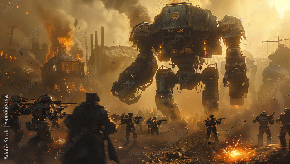 Naklejka premium A battle scene between steam-powered mechs and clockwork soldiers