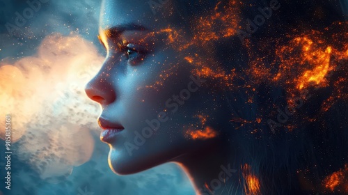 A captivating portrait of a woman with a cosmic backdrop, blending beauty and the vastness of the universe