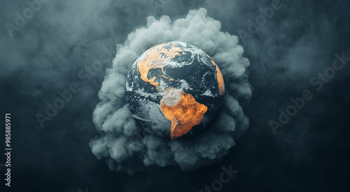 A dramatic view of Earth surrounded by ominous smoke, symbolizing environmental change and climate challenges. photo