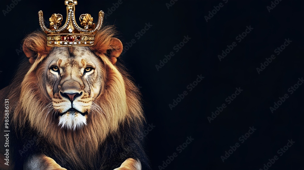Fototapeta premium A majestic lion with a golden crown, looking powerful and regal against a dark background.