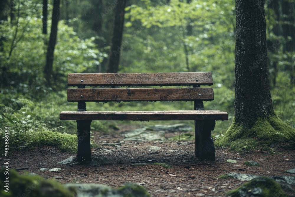 wooden bench in forest clearing, encouraging mindfulness concept banner with space for text about contemplation wooden bench in forest clearing, encouraging mindfulness concept banner with space for text about contemplation