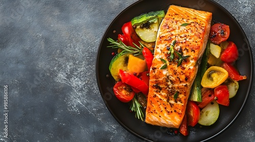 Gebratener Lachs mit Gemüse auf einem schwarzen Tisch photo