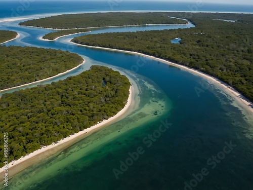 Aerial view of a winding river through mangroves and sandbars.