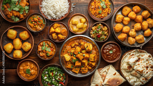 Top view of wooden table with variety of Indian food - rice, curry, sauces, meat, spices, wheat flatbreads. Aloo curry, puri dishes on table in honor of Diwali or Holi festival celebration