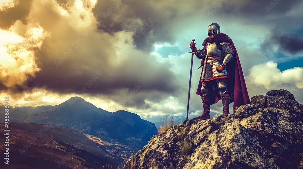 A knight in full armor stands on a mountaintop, holding his sword, with dramatic clouds in the sky. A knight in full armor stands on a mountaintop, holding his sword, with dramatic clouds in the sky.