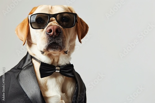 Cute labrador dog in modern tuxedo and sunglasses on grey background
