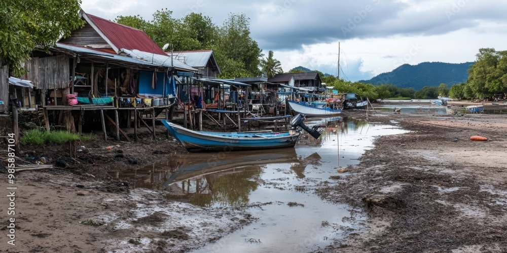 Obraz premium A rustic fishing village with wooden houses on stilts along a muddy riverbank, with small blue fishing boats docked in shallow water, surrounded by lush green trees and mountains