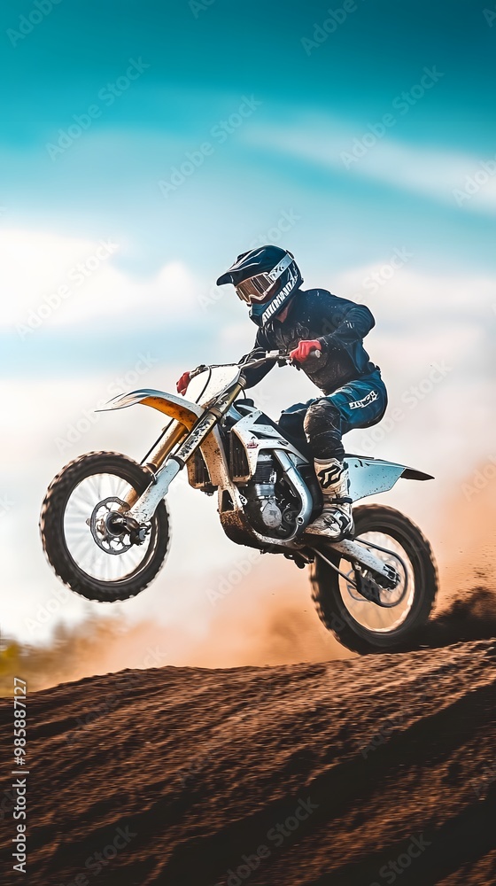A motocross rider in full gear jumps over a dirt mound. A motocross rider in full gear jumps over a dirt mound.
