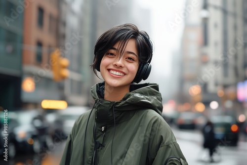 A cheerful woman stands in a busy city street, smiling while wearing headphones and a cozy jacket on a rainy day