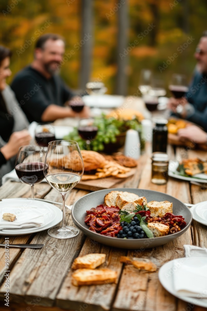 A beautifully arranged outdoor dining scene with friends enjoying a feast, wine, and vibrant fall foliage in the background. A beautifully arranged outdoor dining scene with friends enjoying a feast, wine, and vibrant fall foliage in the background.