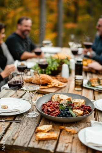 A beautifully arranged outdoor dining scene with friends enjoying a feast, wine, and vibrant fall foliage in the background.