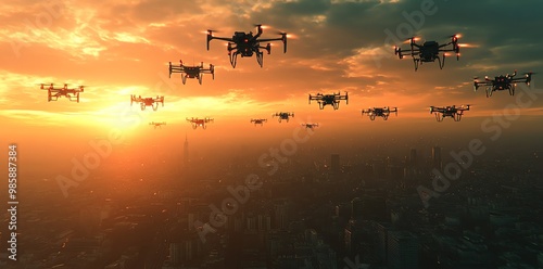 Multiple drones flying over a city skyline during a beautiful sunset.