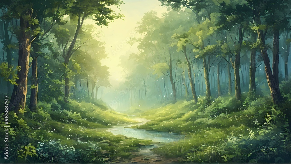 Fototapeta premium Artistic conception of beautiful landscape painting of nature of forest, background illustration, tender and dreamy design