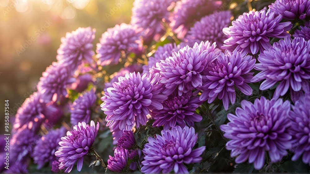 Obraz premium Bush of purple chrysantemum flowers in sunlight