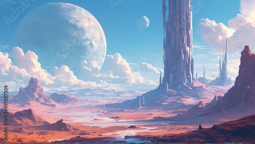 Artistic concept painting of a beautiful sci-fi landscape, with a future thing in the background. Tender and dreamy design, background illustration photo