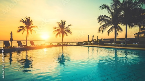 Fototapeta Naklejka Na Ścianę i Meble -  A tranquil poolside scene at sunset with palm trees silhouetted against the sky.