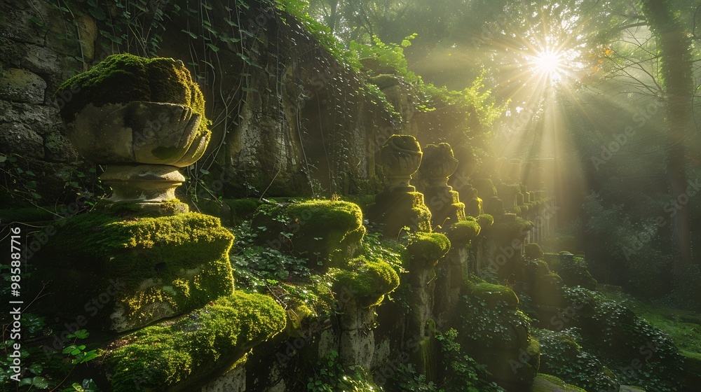 Ancient overgrown ruin with vines climbing over mossy stone statues bathed in golden sunlight filtering through the trees Ancient overgrown ruin with vines climbing over mossy stone statues bathed in golden sunlight filtering through the trees