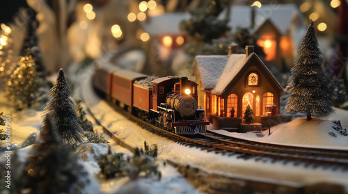 Model Train in a Christmas Village Scene with Festive Lights.** A classic model train passes through a snow-covered Christmas village adorned with lights, creating a nostalgic holiday setting