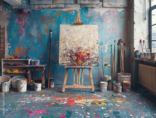 Artist's studio with an unfinished canvas brushes and vibrant paint splatters on the floor