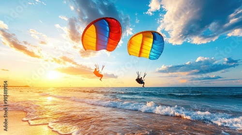 A breathtaking parasailing adventure over a tropical beach at sunset, featuring vibrant colors in the sky that beautifully reflect on the sparkling water below, capturing the essence of paradise.