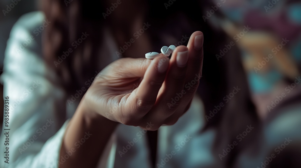 A woman's hand holds three white pills, a close-up shot. A woman's hand holds three white pills, a close-up shot.