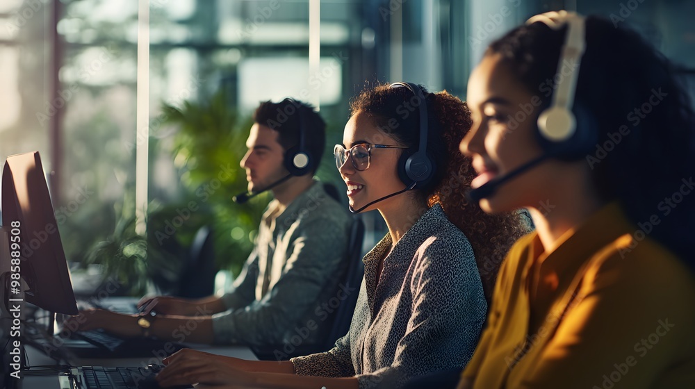 Three diverse customer service representatives in a busy office setting. Three diverse customer service representatives in a busy office setting.