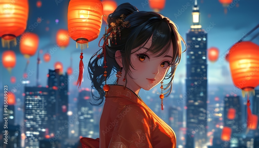 Enchanting anime girl in traditional attire holding a lantern atop a ...