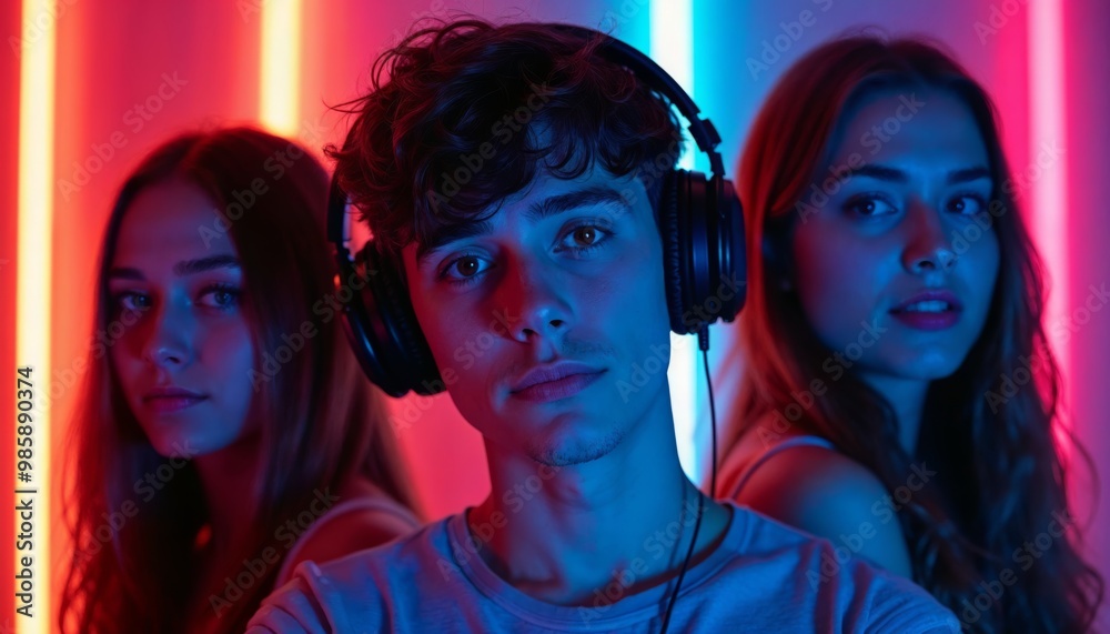 Young Man Enjoying Music in a Vibrant Neon Atmosphere with Women in Background Young Man Enjoying Music in a Vibrant Neon Atmosphere with Women in Background