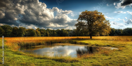 Wallpaper Mural An open field, with only a single tree and a small pond to capture the eye. Torontodigital.ca