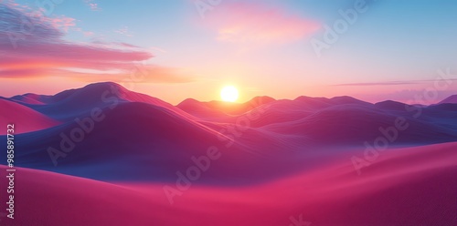 Pink and blue mountain range landscape with sunset.