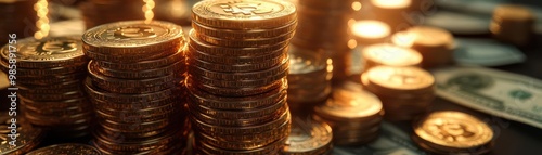 Close-up view of stacked coins, showcasing wealth and currency. An ideal image for finance, investments, and economic themes.