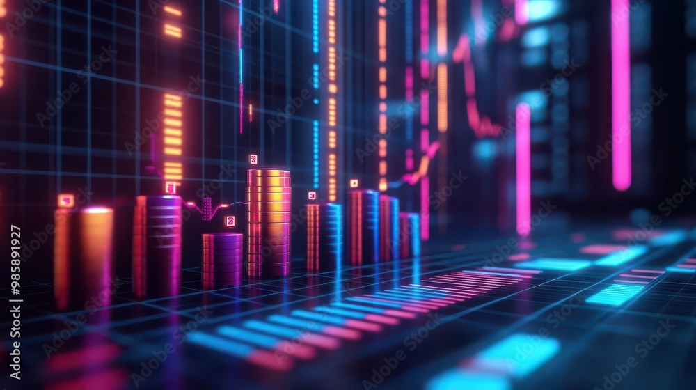 Colorful digital data visualization with vibrant bars, lines, and glowing elements representing analytics and statistics trends.