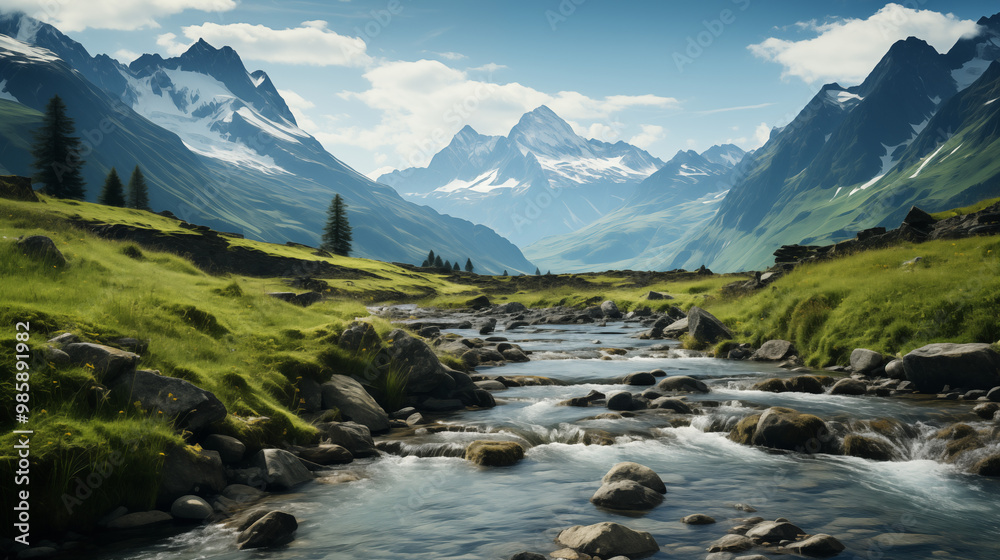 Stunning Mountain Wallpaper with River, Trees, Clouds & Sun - Breathtaking Natural Scenery for Desktop & Mobile