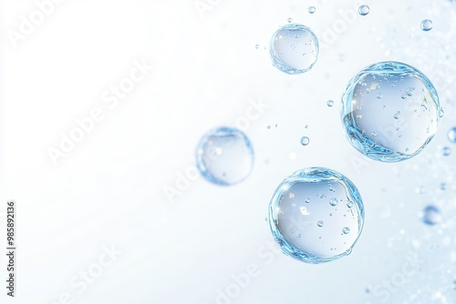 Close-up of three blue water molecule cells floating in the air, abstract background
