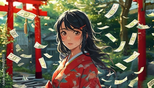 Anime girl in Japanese garden with a torii gate, money bills floating in the air, embodying themes of prosperity and tradition in a vibrant atmosphere photo