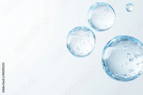 Close-up of three blue water molecule cells floating in the air, abstract background