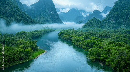 Serene River Through Misty Mountains: An aerial view of a tranquil river flowing through a vibrant green valley, shrouded in ethereal mist at the foot of majestic mountains, capturing the awe-inspirin