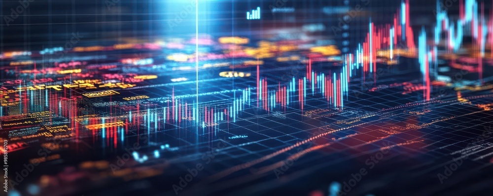Dynamic financial data visualization showcasing stock market trends and digital analytics for investment strategies. Dynamic financial data visualization showcasing stock market trends and digital analytics for investment strategies.
